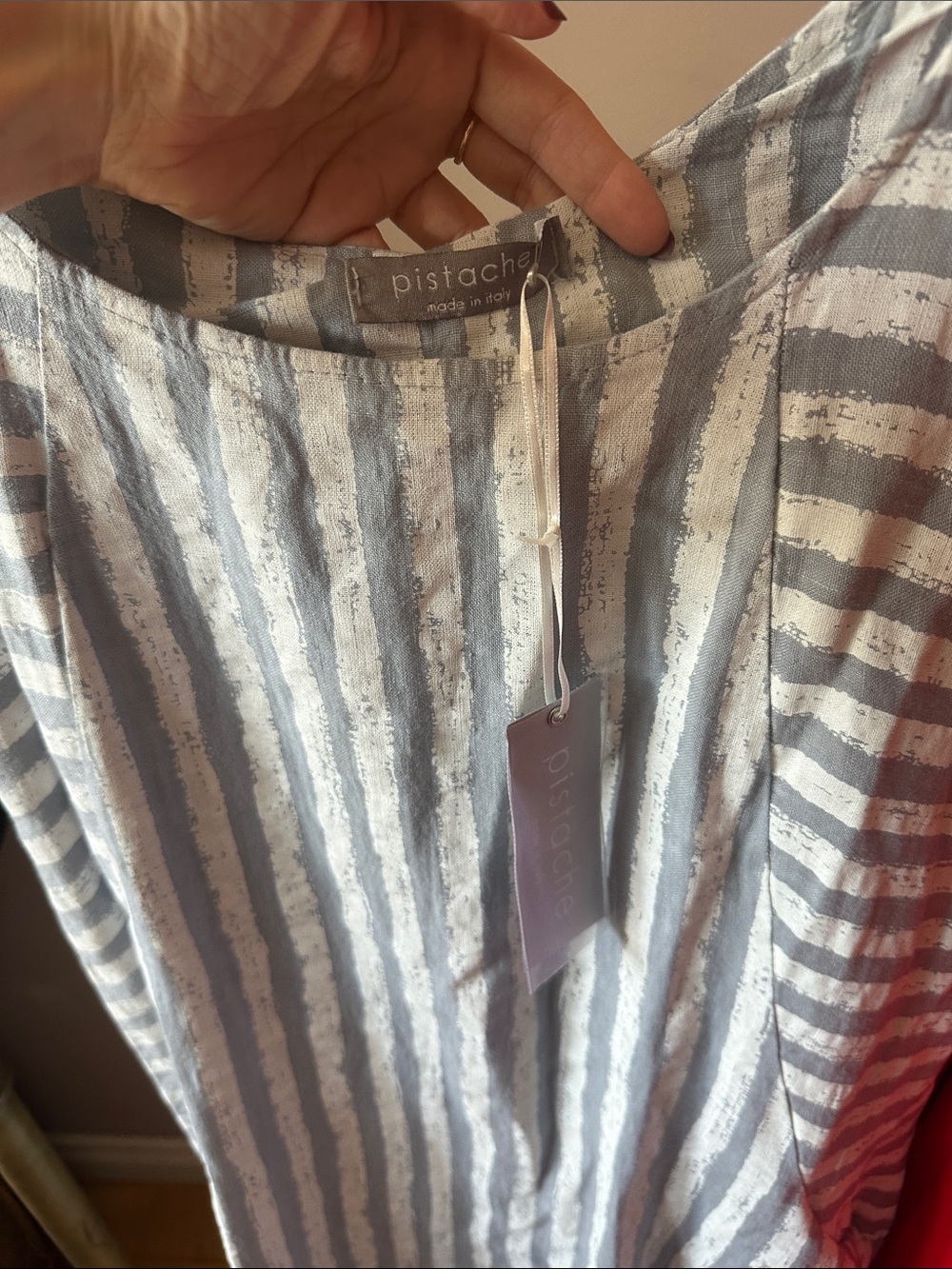 Pistache Striped Tie-Shoulder Linen Tank Dress - Grey & White L/XL - Picture 3 of 6